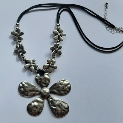 Big Silver Flower Pendant With Multiple Flowers On Black Cord