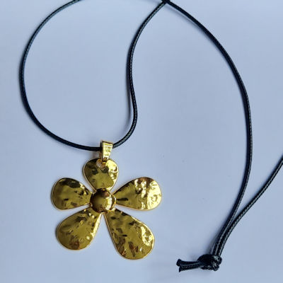 Big Hammered Gold Flower Black Cord