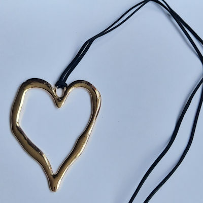 Very Big Gold Heart Black Corded Pendant