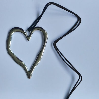 Very Big Silver Heart Black Corded Pendant