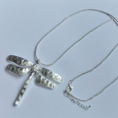 Matt Silver Dragonfly Pendant Long Chain