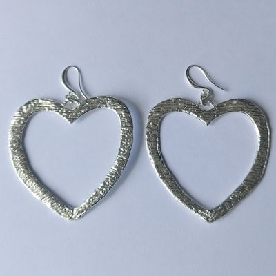 Matt Silver Textured Heart Earrings - Large