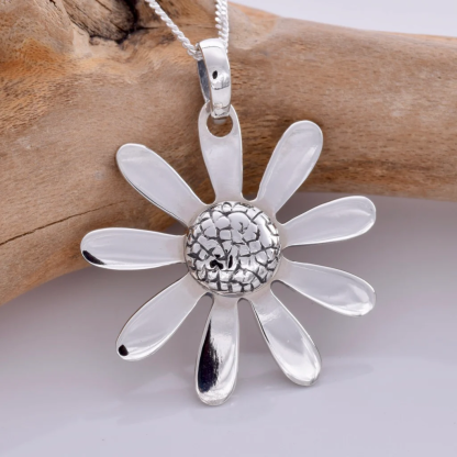 Sterling Silver Large Solid Daisy Pendant On 16” Chain